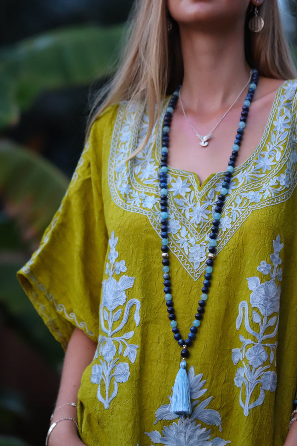 Mala Guru Bead Necklace in Lapis Lazuli and Blue Chalcedony