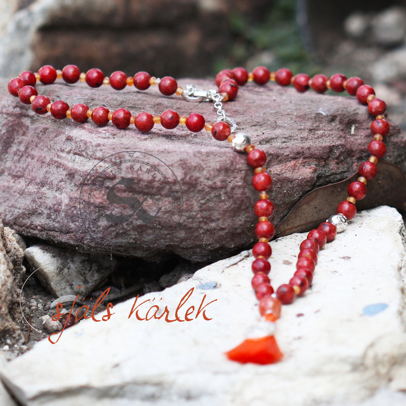 Mala Kiran Bead Necklace in Fire Agate, Sponge Coral, Carnelian