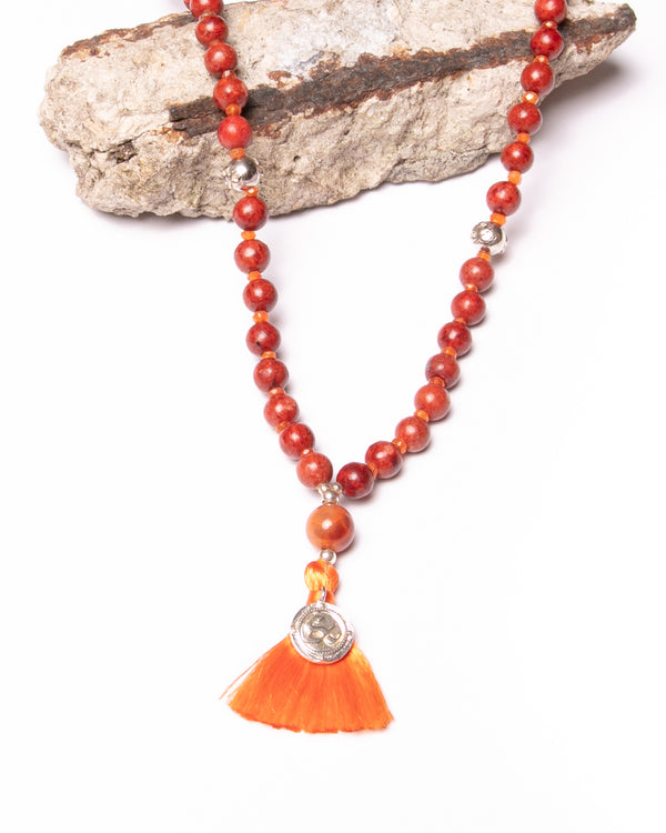 Mala Kiran Bead Necklace in Fire Agate, Sponge Coral, Carnelian