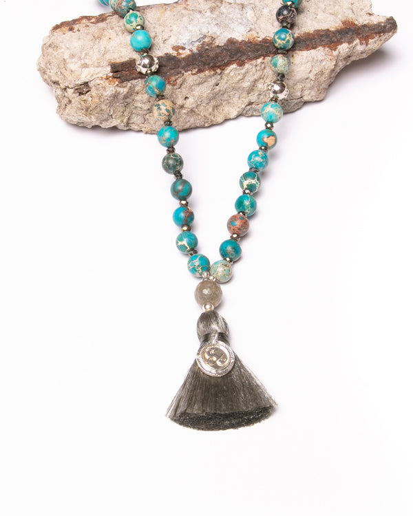 Mala Kiran Bead Necklace in Labradorite, Variscite, Pyrite