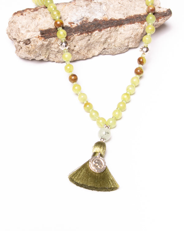 Mala Kiran Bead Necklace in Prehnite, Malay Jade and Peridot