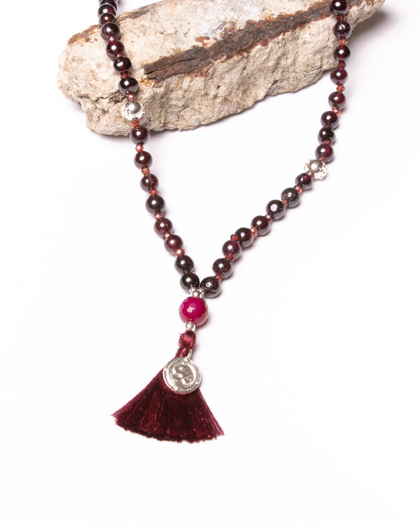 Mala Kiran Bead Necklace in Red Agate and Garnet