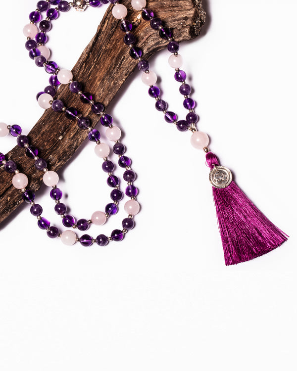 Mala Guru Bead Necklace in Amethyst and Rose Quartz