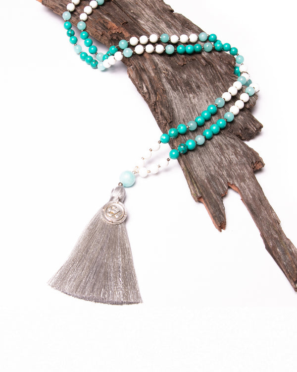 Mala Guru Bead Necklace in Amazonite, White Agate, Turquoise