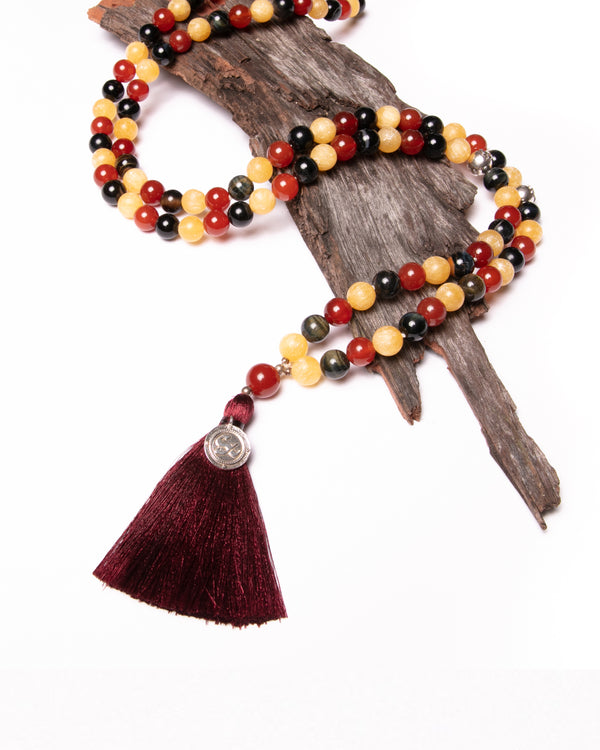 Mala Guru Bead Necklace in Carnelian, Citrine, Iron Tiger