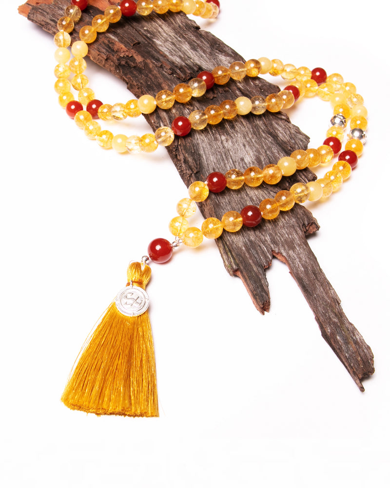 Mala Guru Bead Necklace in Carnelian, Citrine, Yellow Calcite