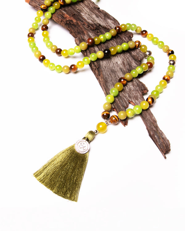 Mala Guru Bead Necklace in Canadian Jade, Tiger's Eye, Malay Jade