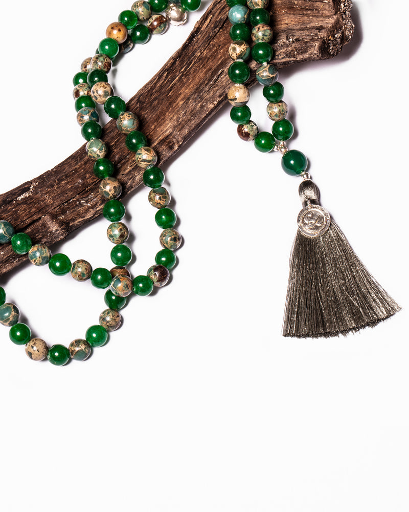 Mala Guru Bead Necklace in Green Aventurine and Imperial Jasper