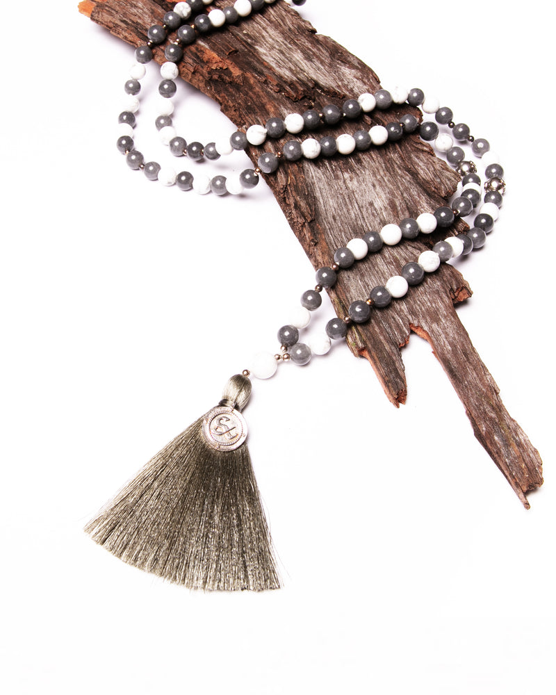 Mala Guru Bead Necklace in Grey Aventurine and Howlite