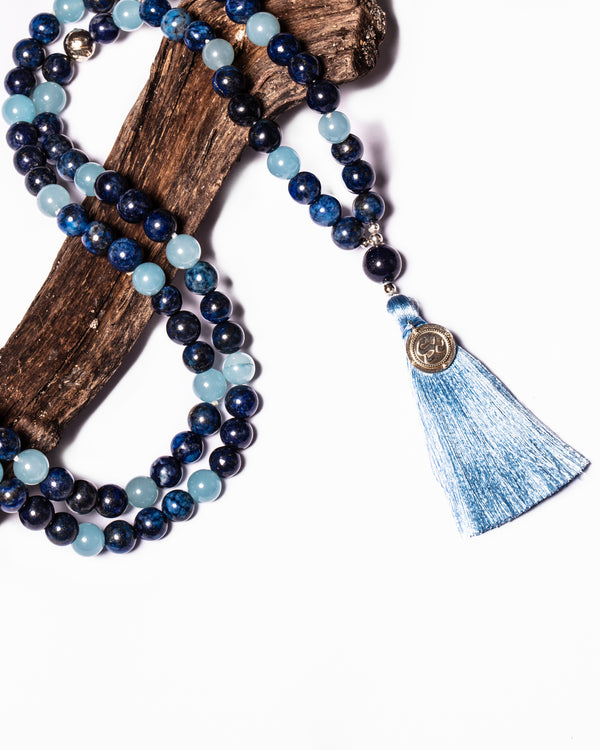 Mala Guru Bead Necklace in Lapis Lazuli and Blue Chalcedony