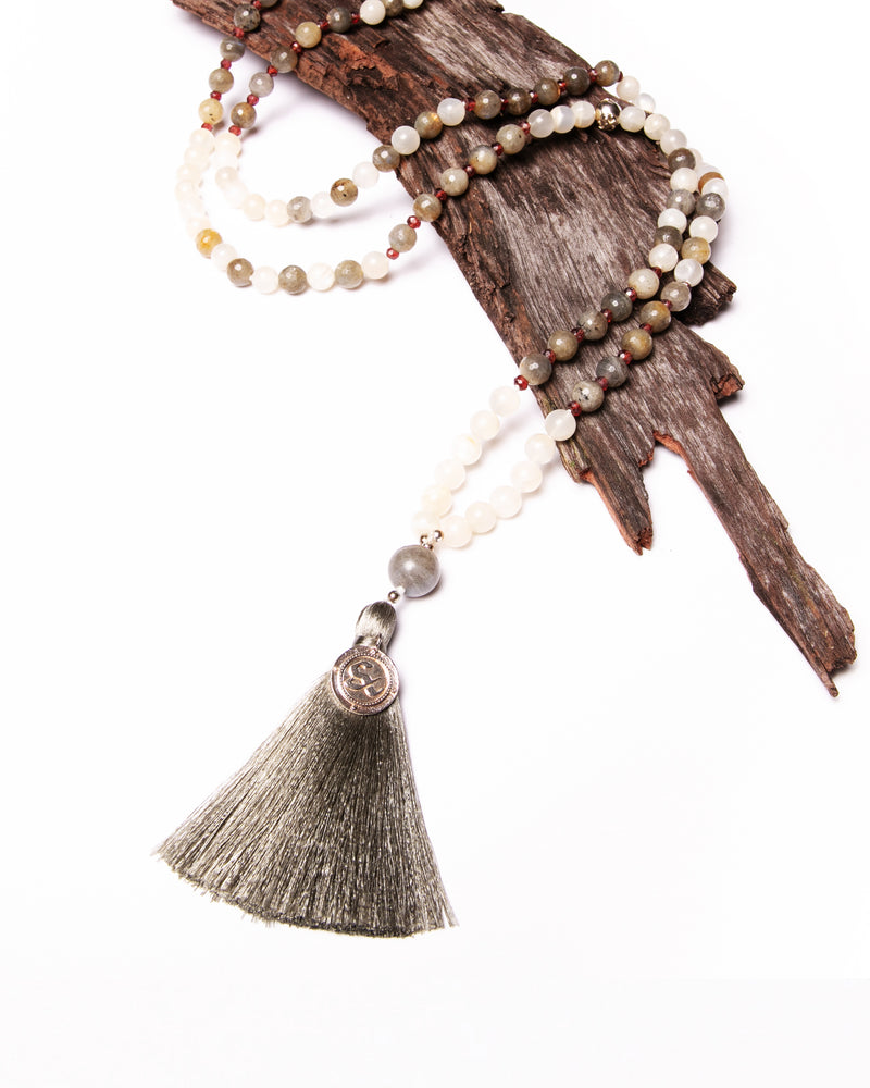 Mala Guru Bead Necklace in Labradorite, Moonstone, Garnet