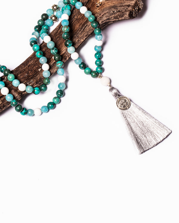 Mala Guru Bead Necklace in White Agate, Amazonite, Tibetan Turquoise