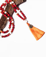 Mala Guru Bead Necklace in White Agate, Fire Agate, Red Coral, Carnelian and Howlite