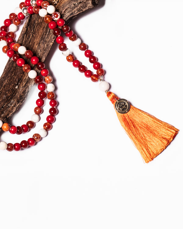 Mala Guru Bead Necklace in White Agate, Fire Agate, Red Coral, Carnelian and Howlite