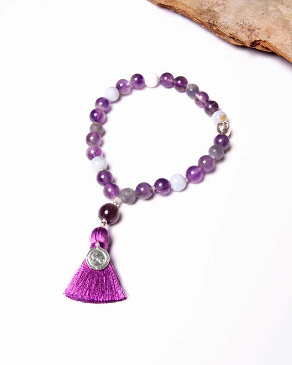 Mala Bead Bracelet in Amethyst, Iolite, Blue Lace Agate