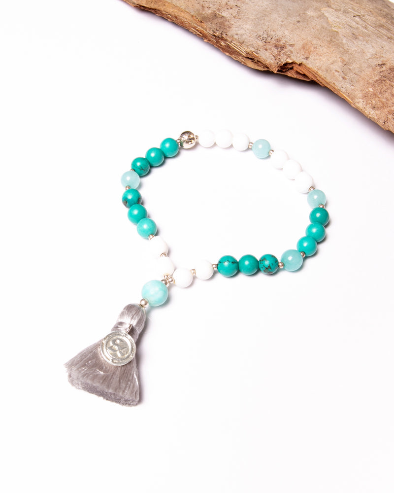 Mala Bead Bracelet in White Agate, Amazonite, Turquoise