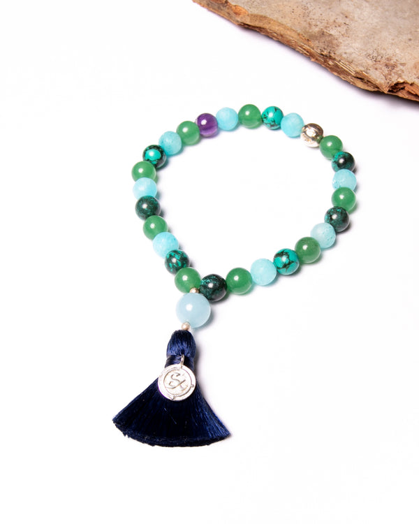 Mala Bead Bracelet in Blue Chalcedony, Green Jade, Turquoise, Blue Jade and Amethyst