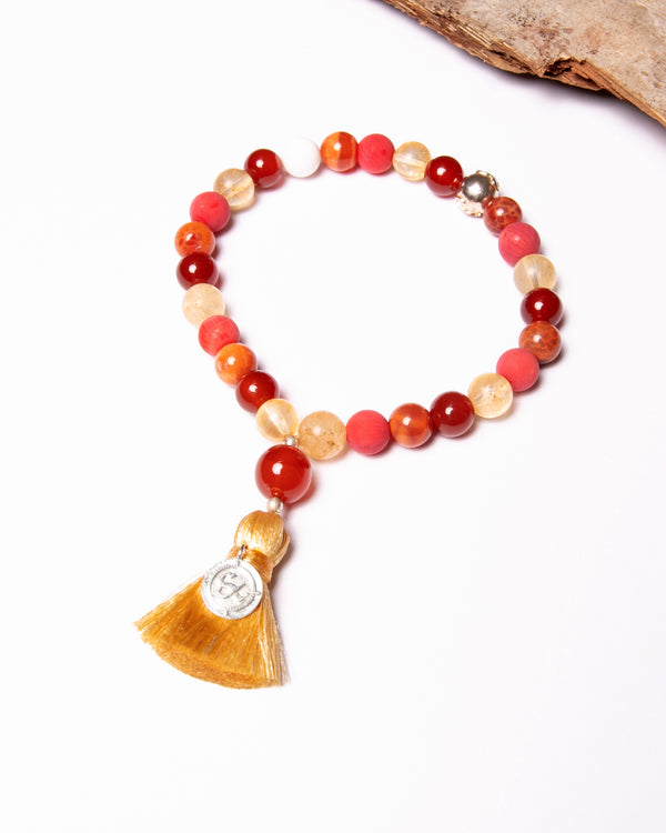 Mala Bead Bracelet in Carnelian, Red Coral, Fire Agate, White Agate