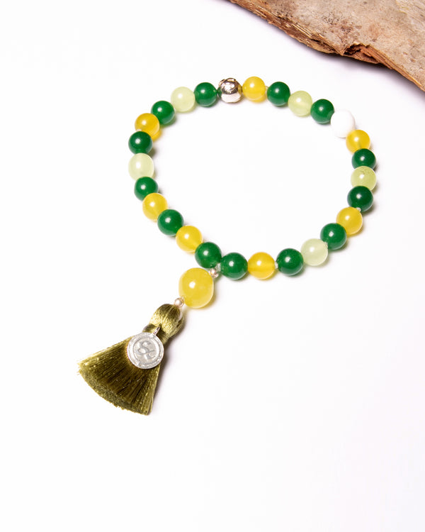 Mala Bead Bracelet in Canadian Jade, Green Jade, Prehnite and White Agate