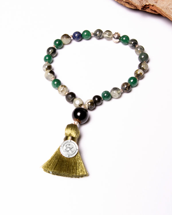 Mala Bead Bracelet in Iron Tiger, Green Garnet, Lapis Lazuli and Green Aventurine
