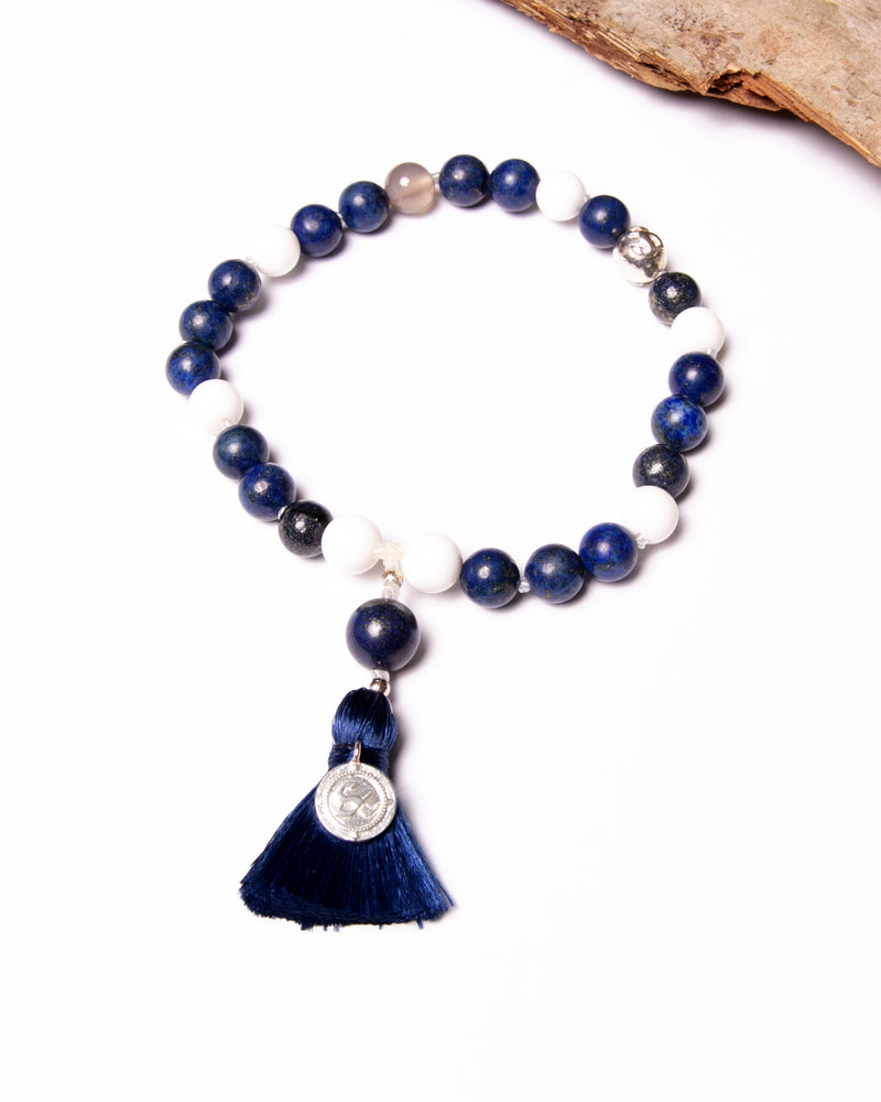Mala Bead Bracelet in Lapis Lazuli, White Agate, Grey Agate