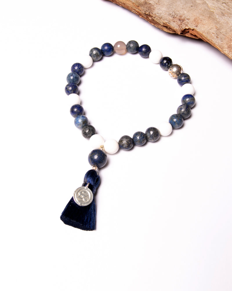 Mala Bead Bracelet in Sodalite, White Agate, Grey Agate